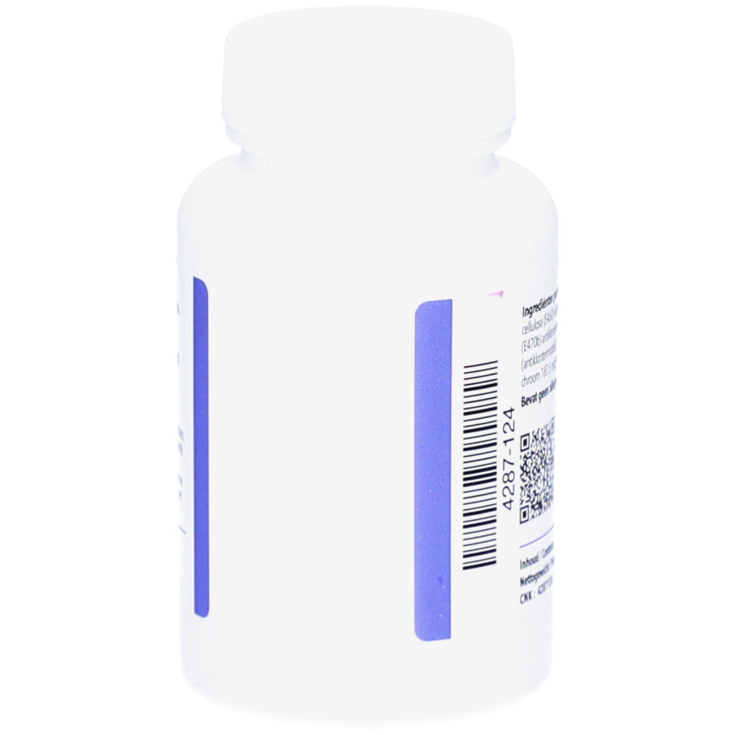 Weiße Flasche mit Schraubverschluss. Aufkleber mit Barcode und QR-Code. Lila Streifen.