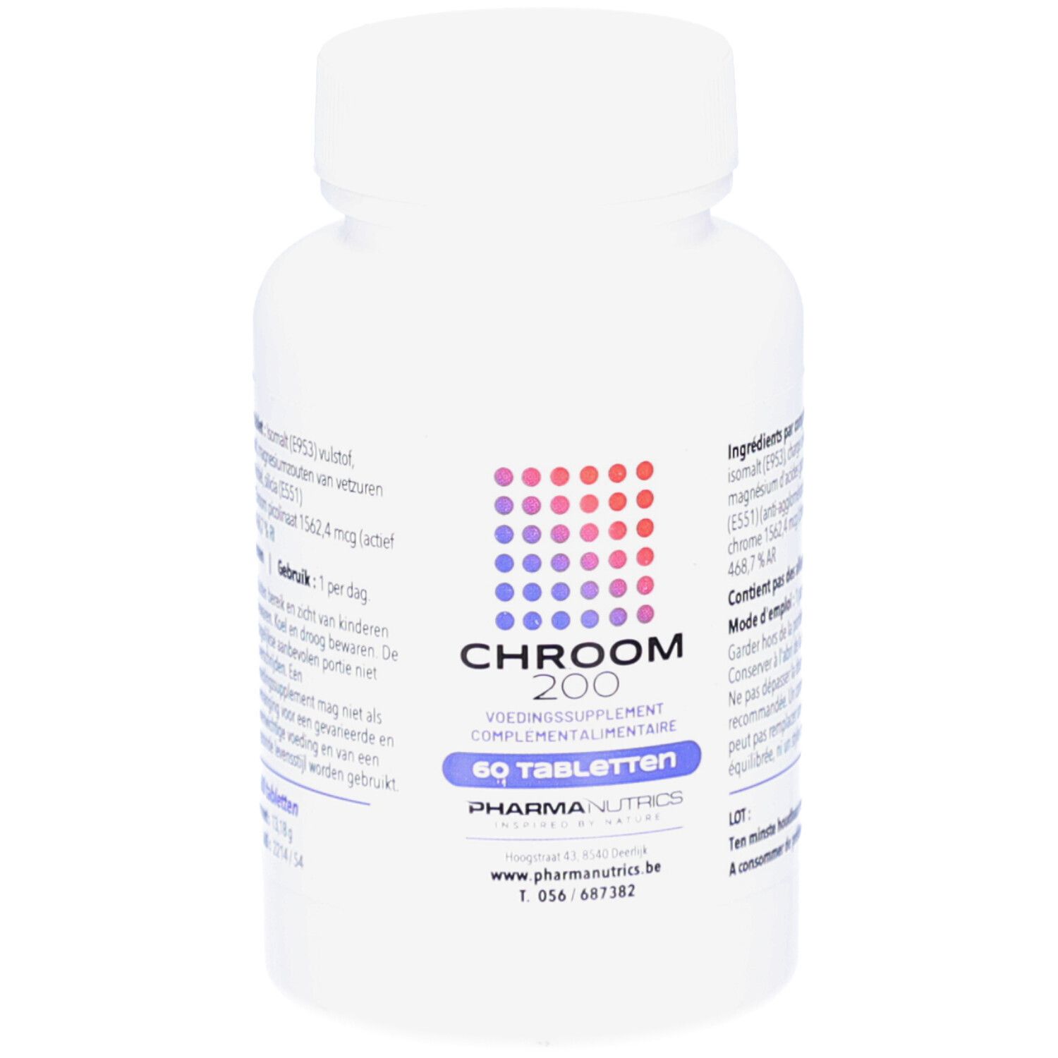 Weiße Flasche mit Schraubverschluss. Aufkleber mit Produktnamen CHROOM 200 und 60 Tabletten. Marke PharmaNutrics.