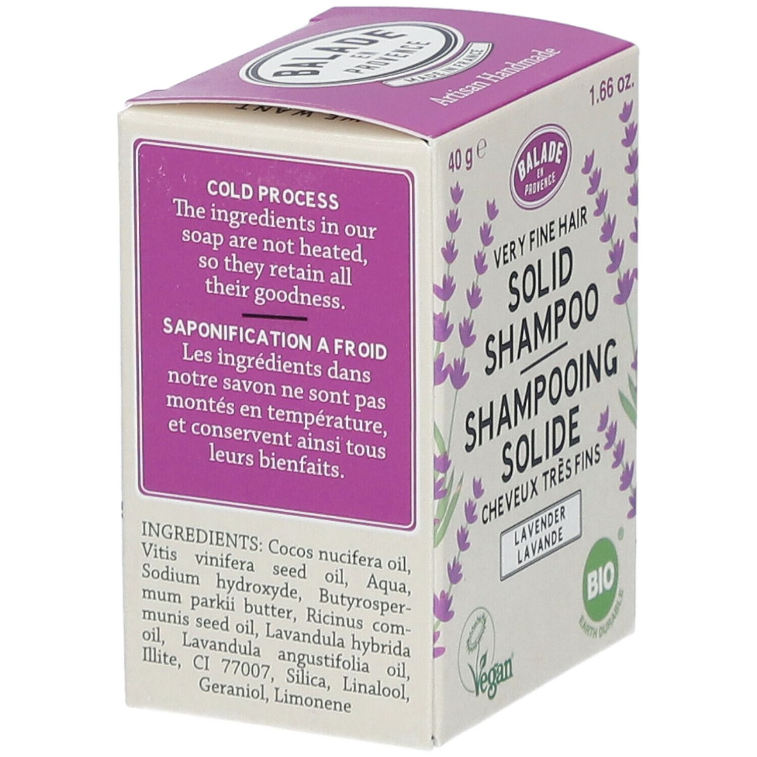 Dos de la boîte violette de shampooing solide. Ingrédients et texte : Saponification a froid. Label bio.