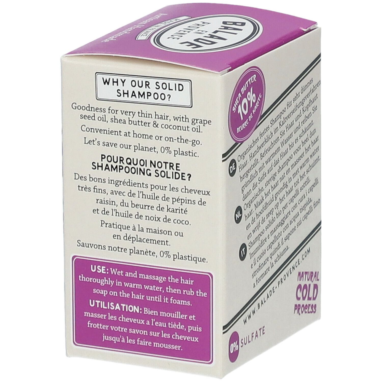 Dos de la boîte violette de shampooing solide. Texte : Why our solid shampoo?, 0% Sulfate. Label bio.
