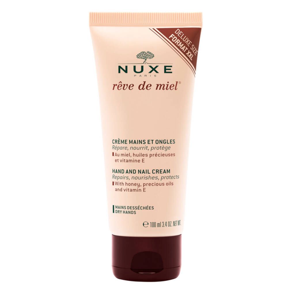 Hand- und Nagelcreme in Tube. Beige Tube mit braunem Verschluss. Text: NUXE Rêve de Miel, Crème Mains et Ongles, Hand and Nail Cream.