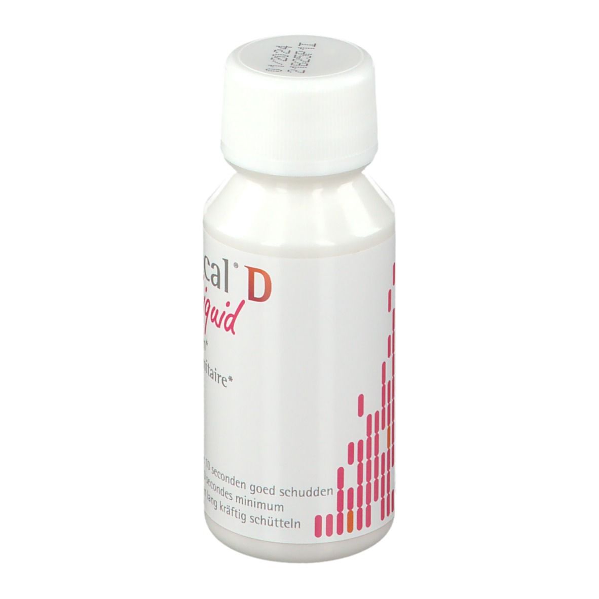 Bactecal D Liquid Flasche mit weißem Verschluss, Rückseite mit Informationen.