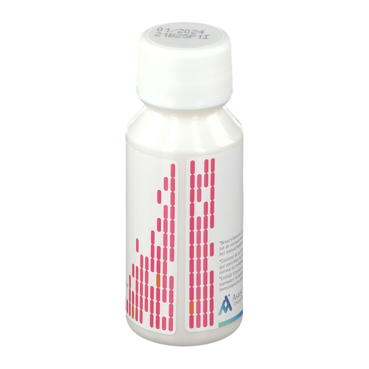 Bactecal D Liquid Flasche, Rückseite mit Informationen und pinken Mustern.