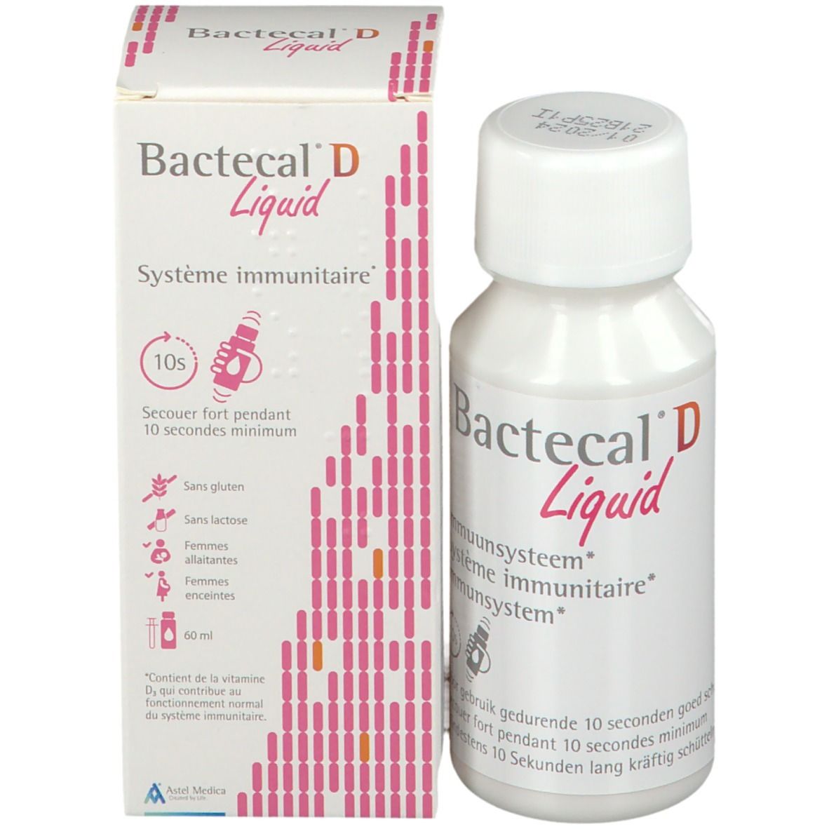 Bactecal D Liquid Flasche mit Informationen zum Immunsystem und 60ml.