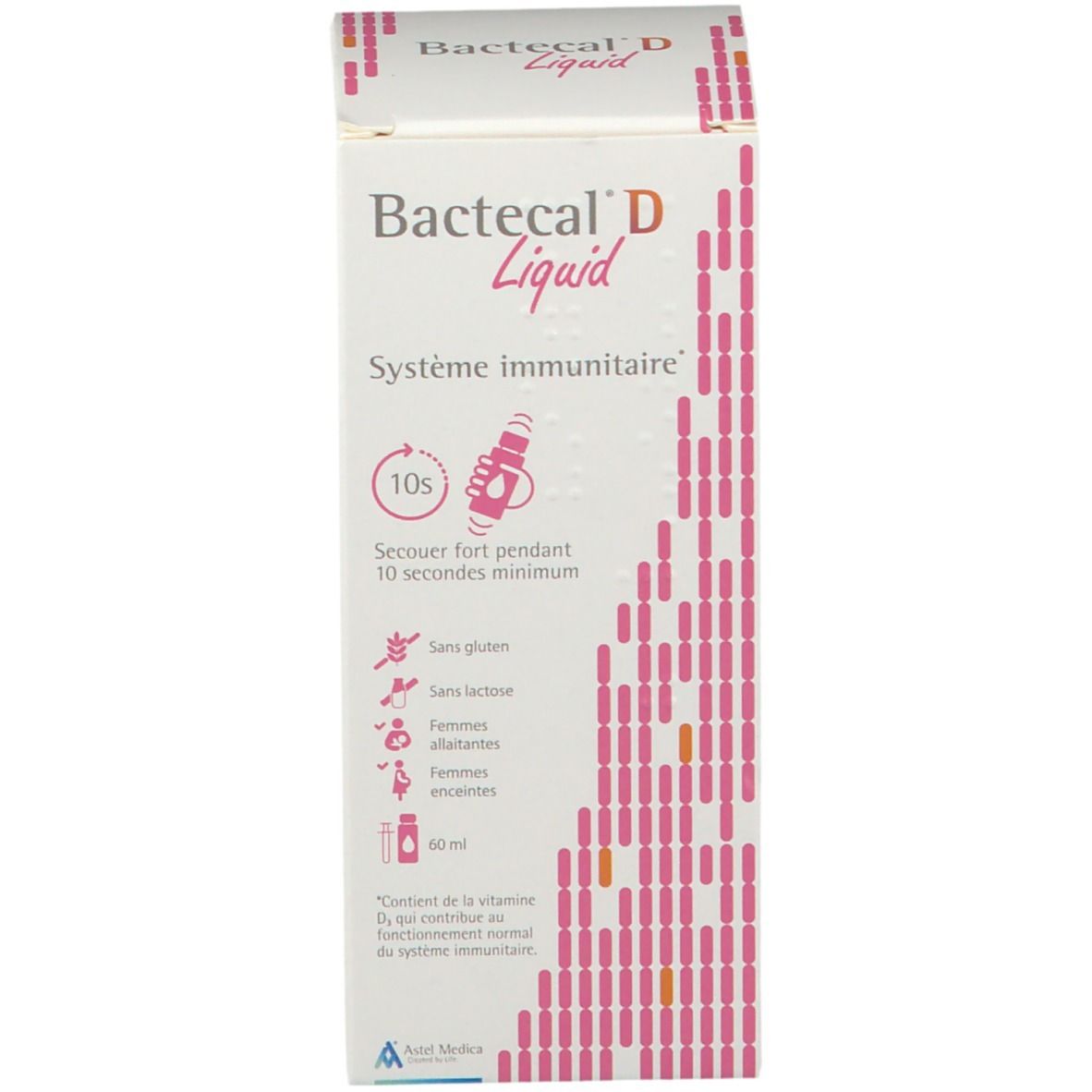 Bactecal D Liquid Flasche mit Informationen zum Immunsystem und 60ml.