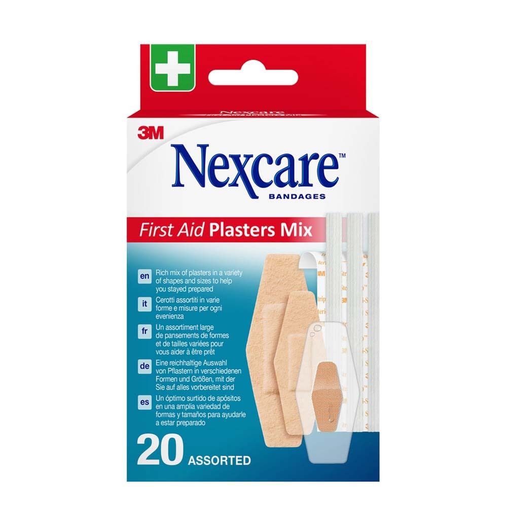 Nexcare Erste-Hilfe-Mix. Karton mit Pflastern in verschiedenen Formen. 20 Stück. 3M-Logo und grünes Kreuz.