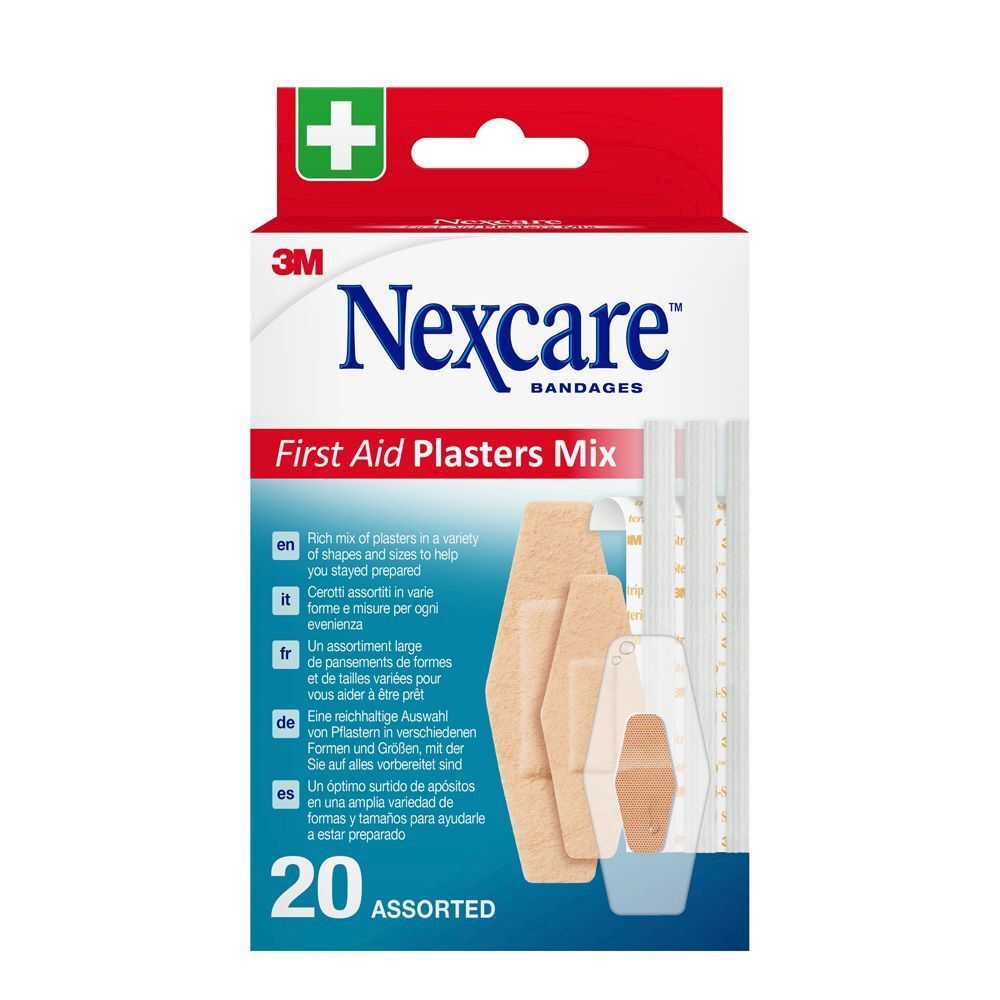 Boîte de pansements Nexcare. Contient un assortiment de formes et de tailles de pansements.