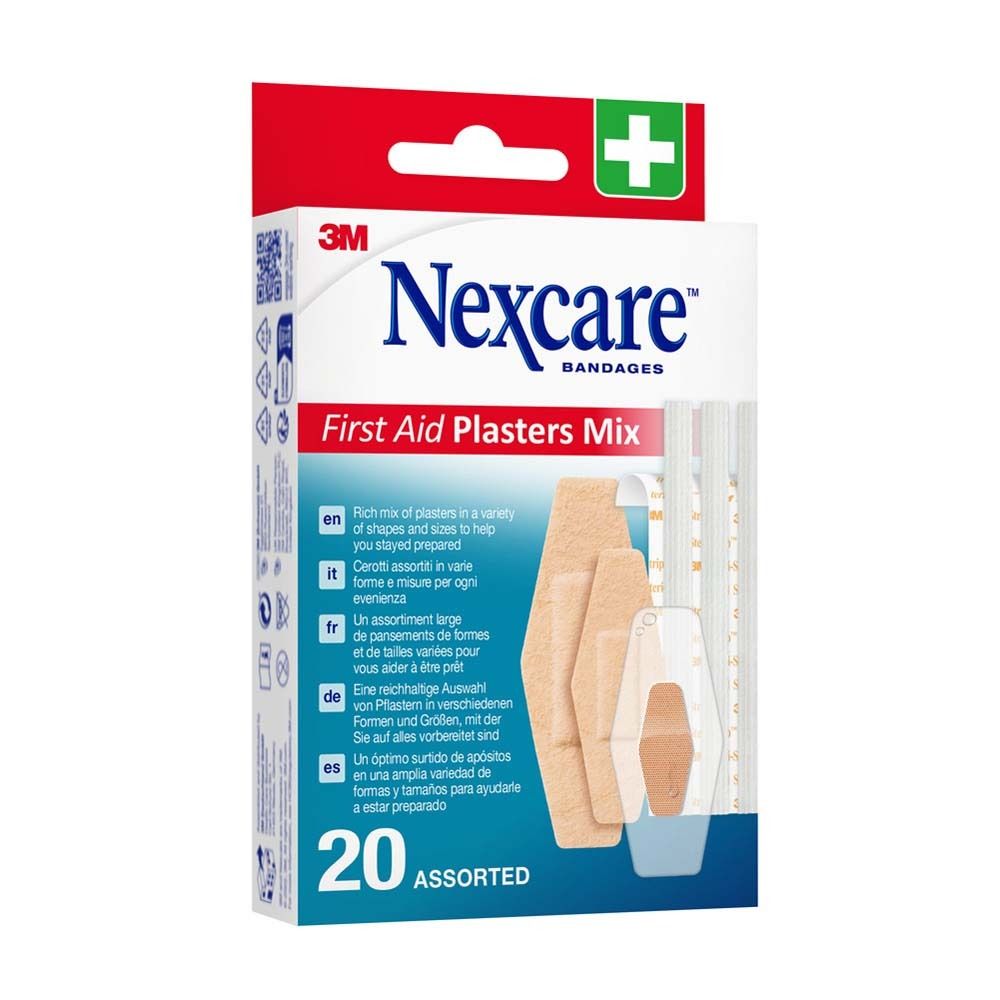 Nexcare Erste-Hilfe-Mix. Karton mit Pflastern in verschiedenen Formen. 20 Stück. 3M-Logo und grünes Kreuz.