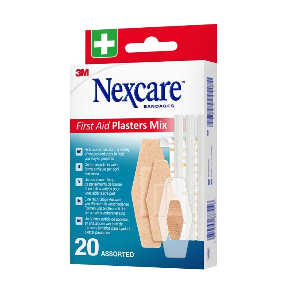 Nexcare Erste-Hilfe-Mix. Karton mit Pflastern in verschiedenen Formen. 20 Stück. 3M-Logo und grünes Kreuz.
