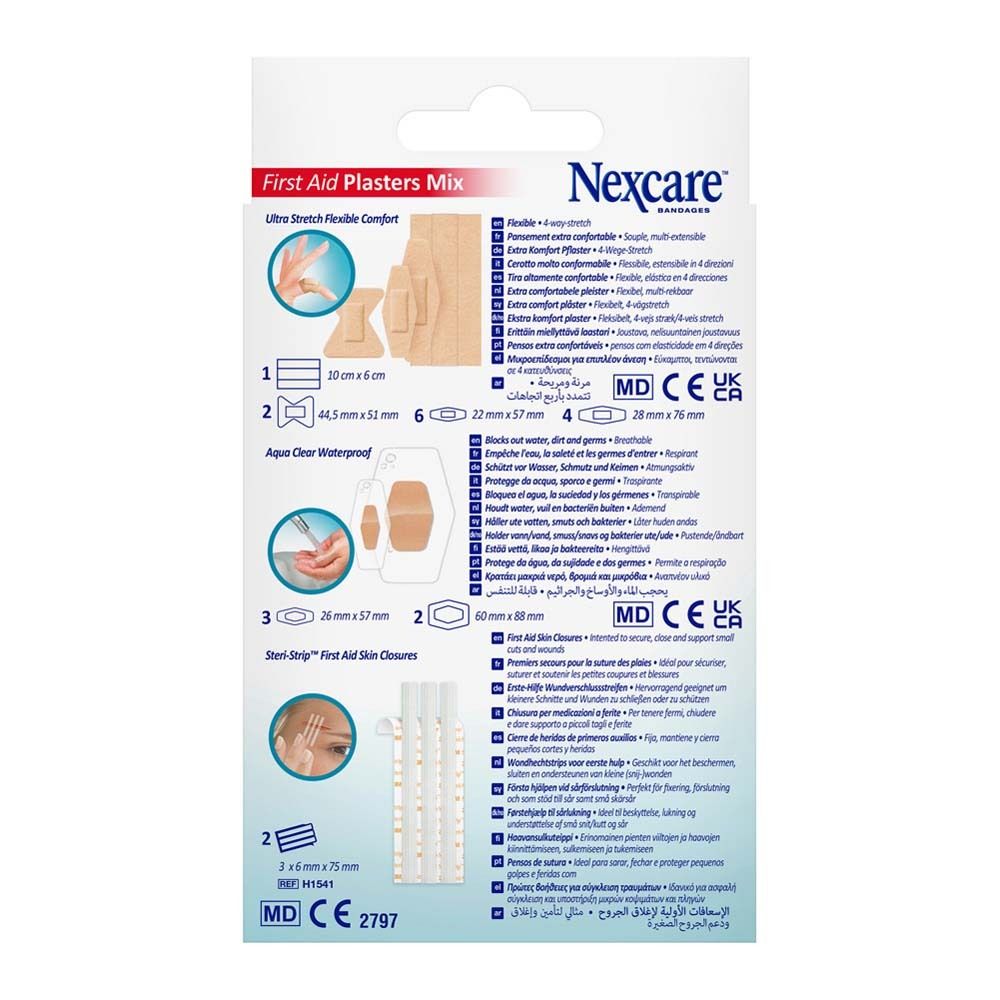 Nexcare Erste-Hilfe-Mix. Karton mit Pflastern in verschiedenen Formen. 20 Stück. 3M-Logo und grünes Kreuz.