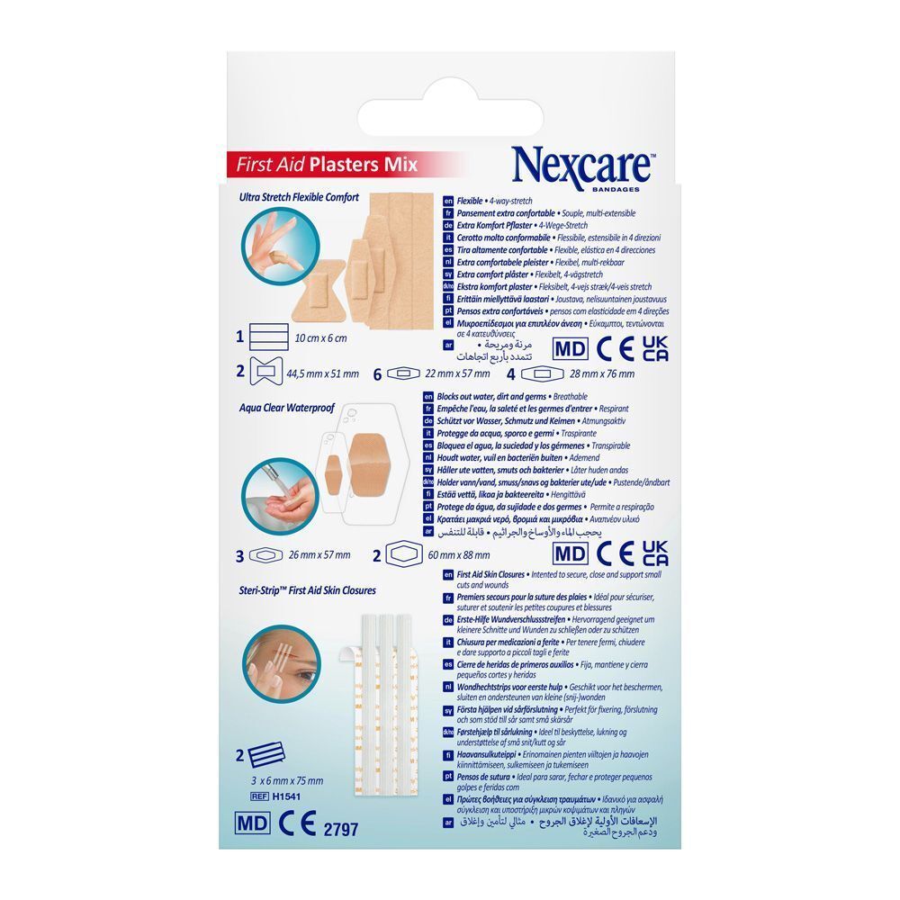 Boîte de pansements Nexcare. Contient un assortiment de formes et de tailles de pansements.
