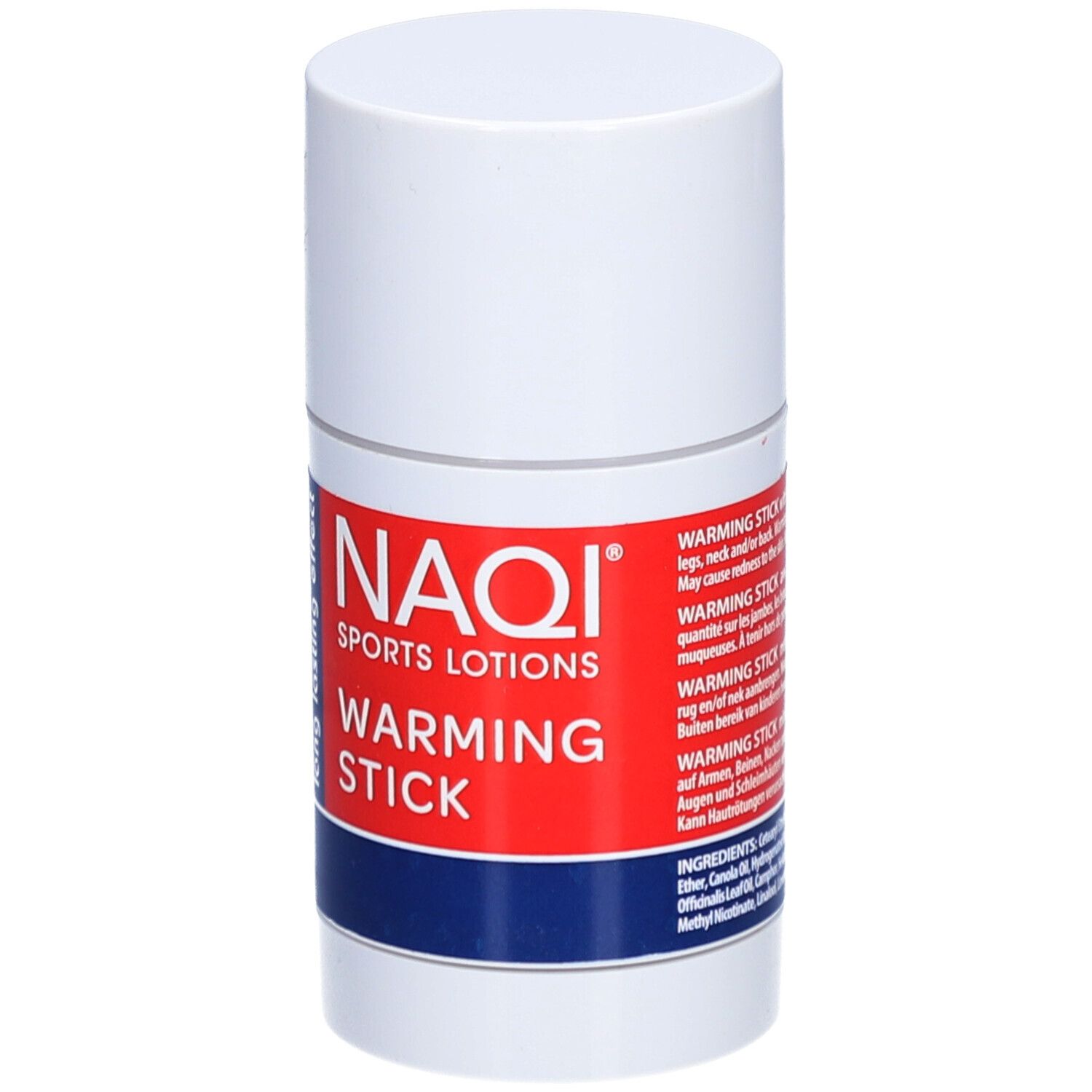 Weißer, zylindrischer Stick mit rotem Etikett. Aufschrift: NAQI SPORTS LOTIONS, WARMING STICK. Text in mehreren Sprachen.