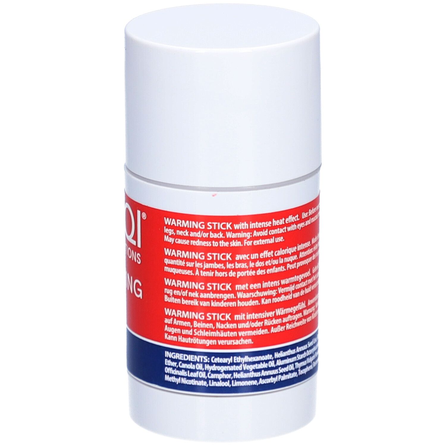 Weißer, zylindrischer Stick mit rotem Etikett. Aufschrift: NAQI SPORTS LOTIONS, WARMING STICK. Text in mehreren Sprachen.