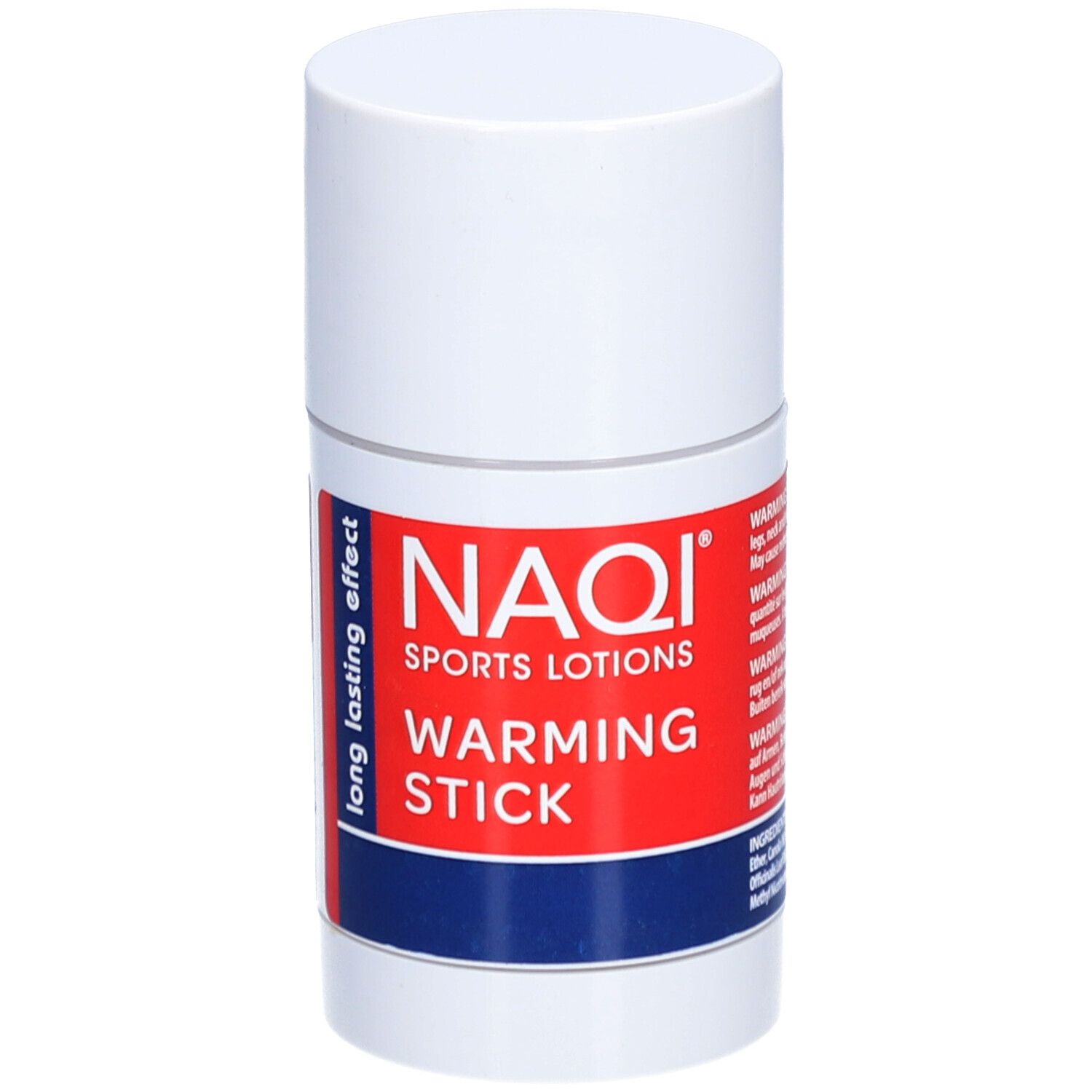 Zylindrischer, weißer Stick mit rotem Etikett. Aufschrift: NAQI SPORTS LOTIONS, WARMING STICK. Blaue und weiße Akzente.