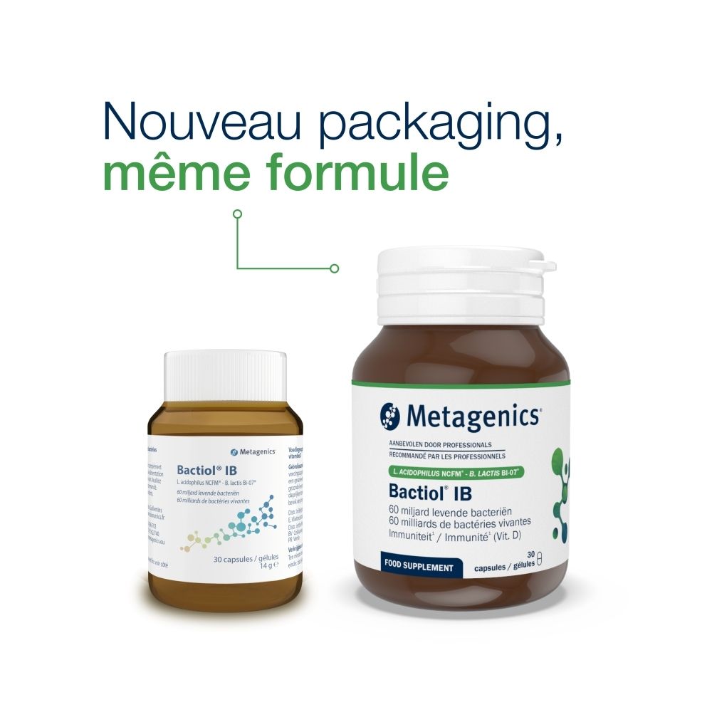 Deux flacons, un petit, un grand. Tous deux avec étiquette Bactiol IB. Texte: Nouveau packaging, même formule.