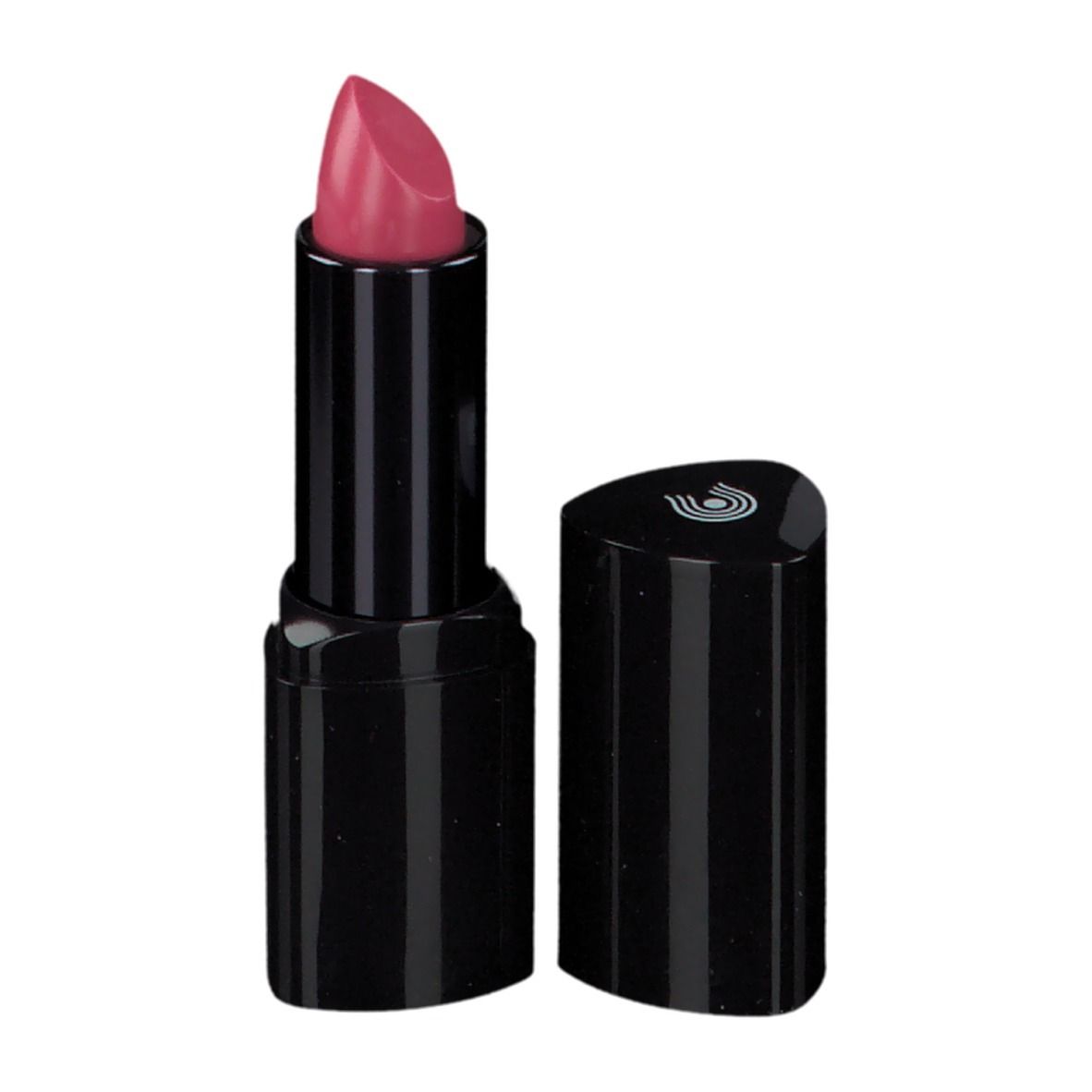 Rouge à lèvres rose dans un étui noir, capuchon à côté.