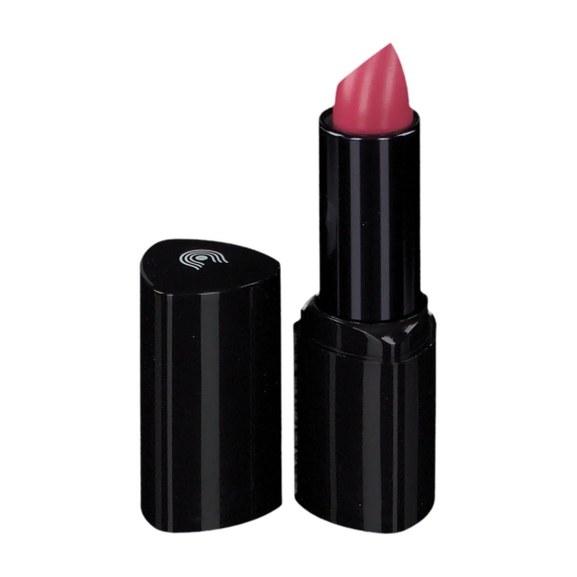 Rouge à lèvres rose dans un étui noir, capuchon à côté.