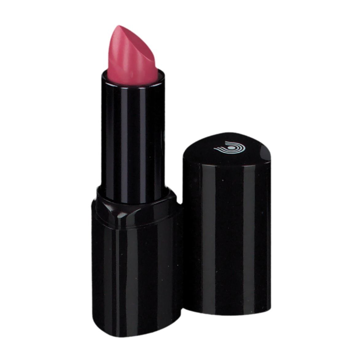 Rouge à lèvres rose dans un étui noir, capuchon à côté.