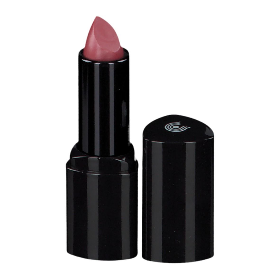 Lippenstift mit schwarzer Hülse und rosa Spitze. Deckel daneben. Logo auf dem Deckel.