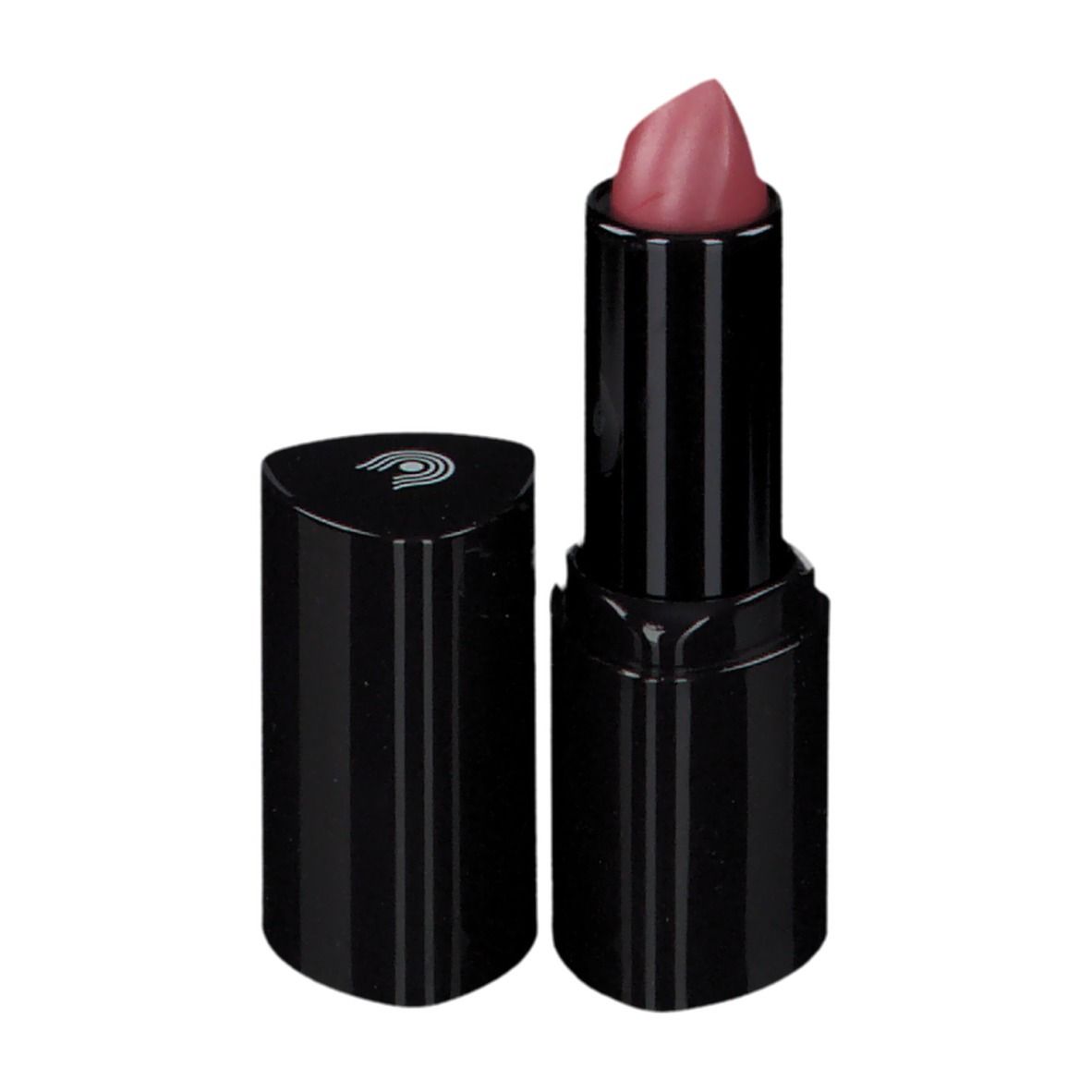 Lippenstift mit schwarzer Hülse und rosa Spitze. Deckel daneben. Logo auf dem Deckel.