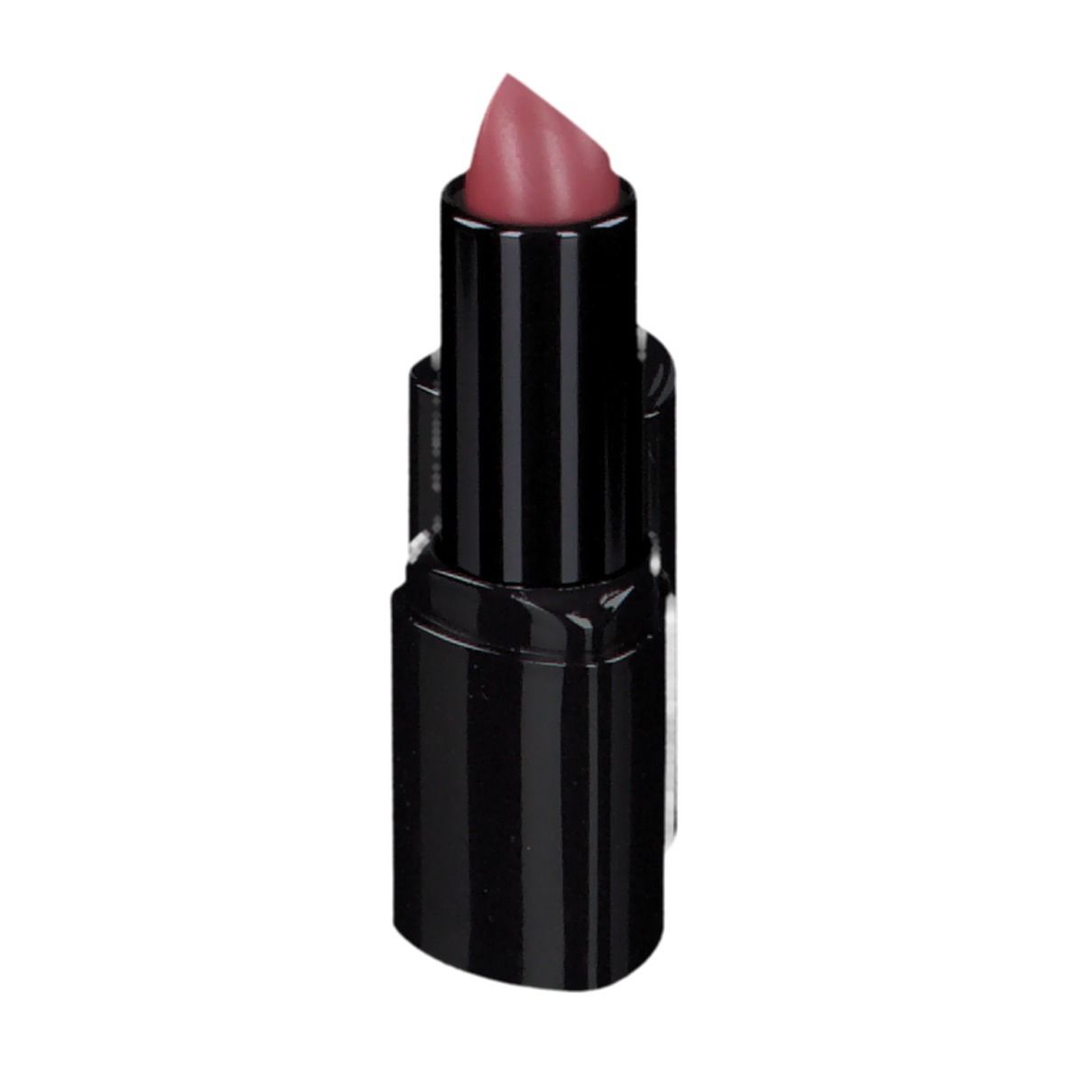Lippenstift mit schwarzer Hülse und rosa Spitze. Vertikale Streifen auf der Hülse.