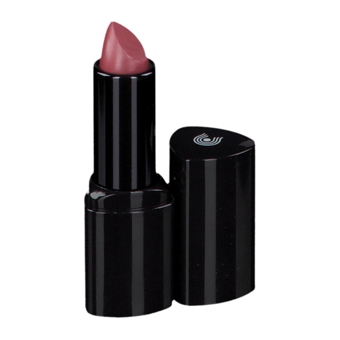 Lippenstift mit schwarzer Hülse und rosa Spitze. Deckel daneben. Logo auf dem Deckel.