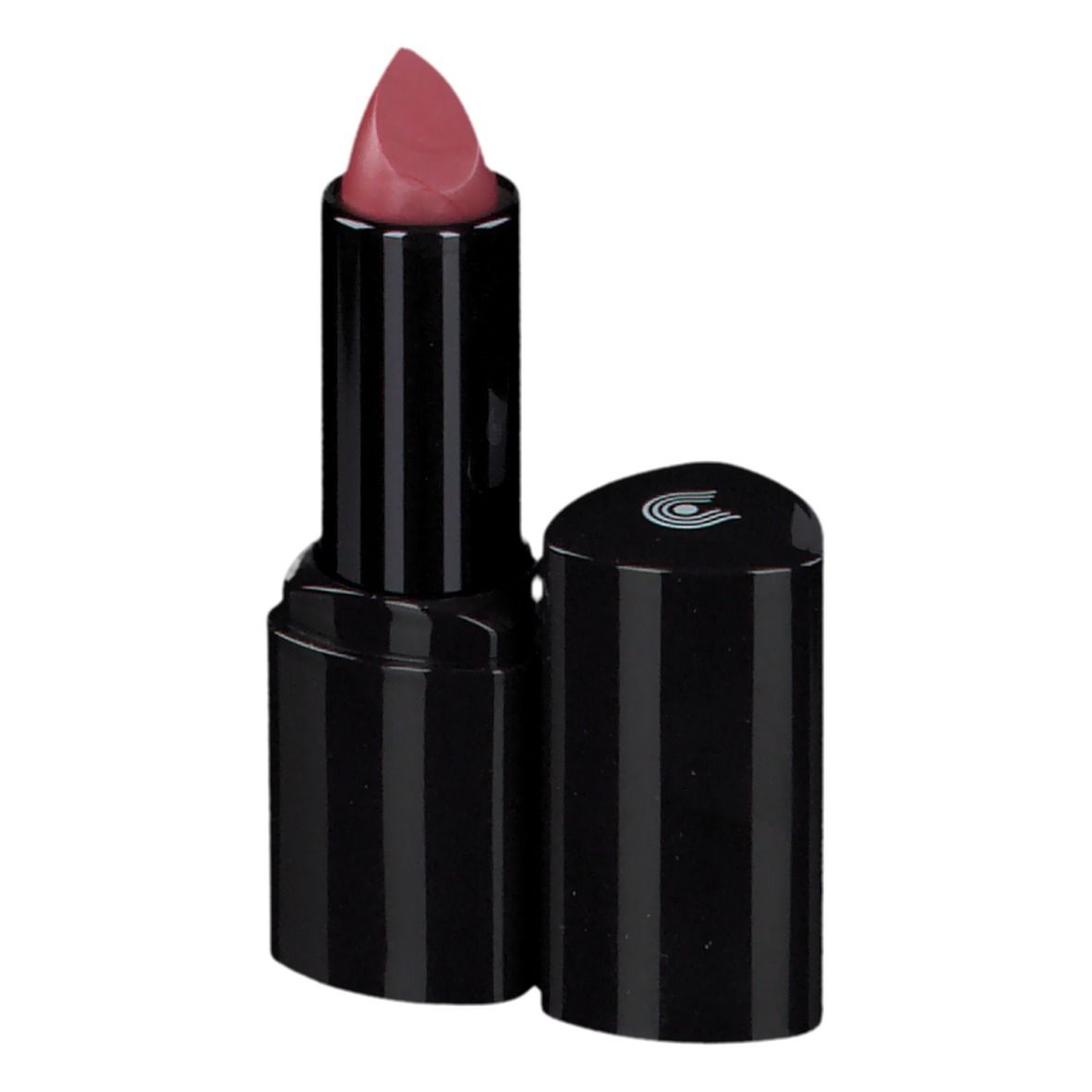 Lippenstift mit schwarzer Hülse und rosa Spitze. Deckel daneben. Logo auf dem Deckel.