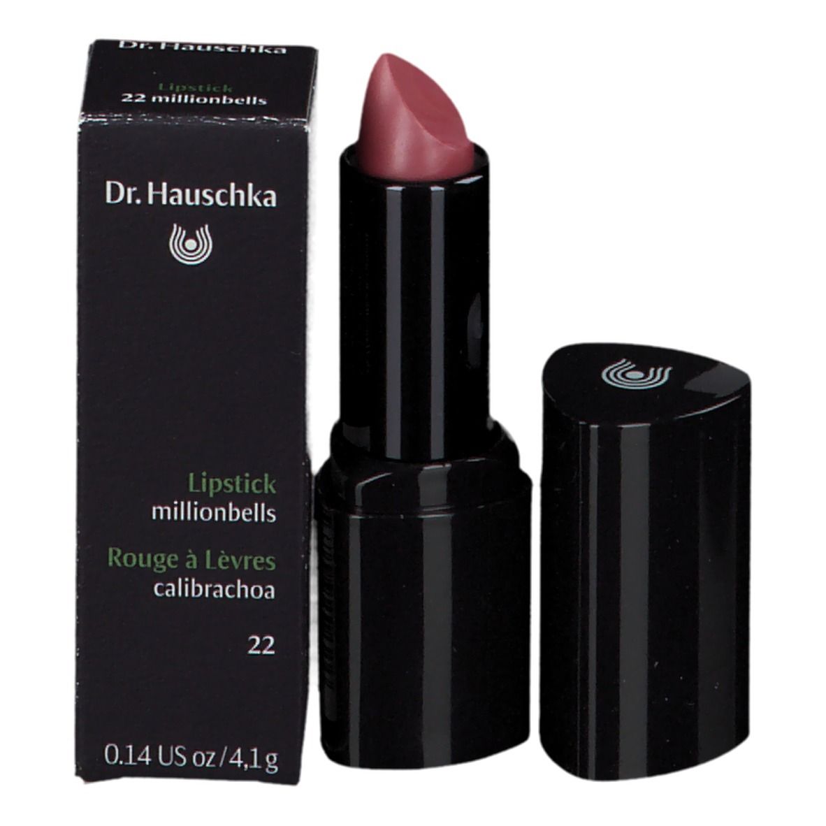 Lippenstift mit Verpackung. Schwarze Schachtel mit Produktnamen und Logo. Lippenstift daneben.