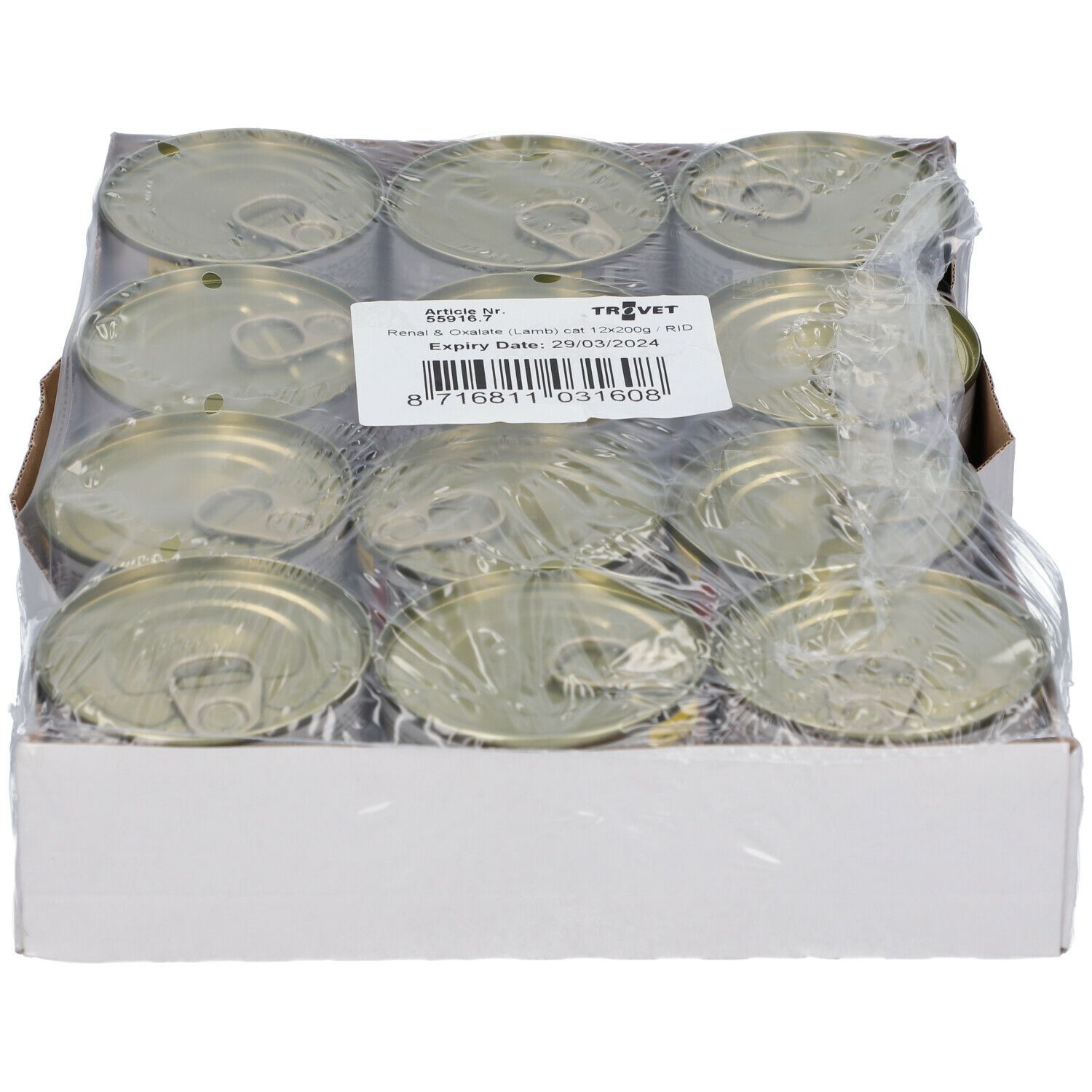 Packung mit 12 Dosen Tierfutter. Klarsichtfolie. Etikett mit Produktinformationen und Mindesthaltbarkeitsdatum.