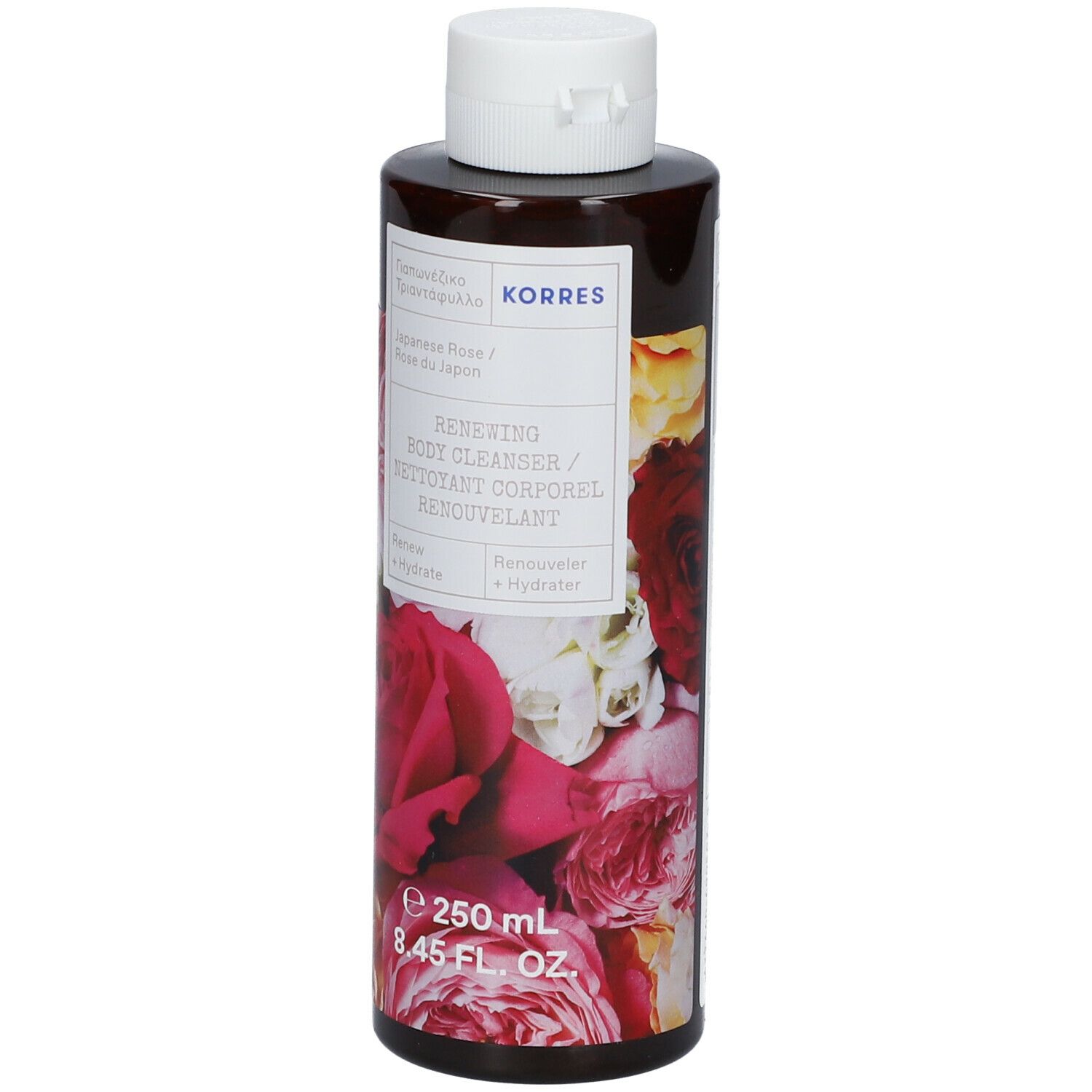 KORRES Renewing Body Cleanser, flacon avec motif floral. Bouchon blanc, flacon marron. 250 ml.