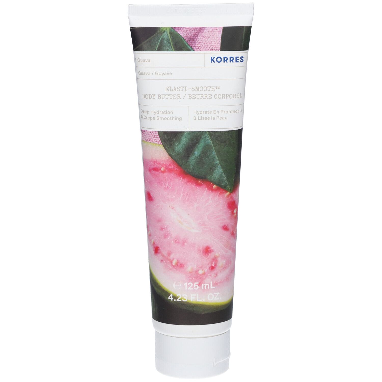 Tube mit Produktabbildung und Schriftzug KORRES. Aufdruck: Elasti-Smooth Body Butter, Guave. Volumen: 125 ml.