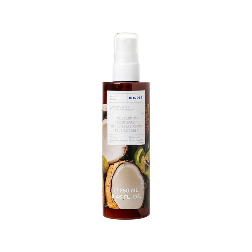 Flacon pulvérisateur brun avec étiquette montrant des images de noix de coco et de goyave. Avant avec informations produit et indication 250 ml.