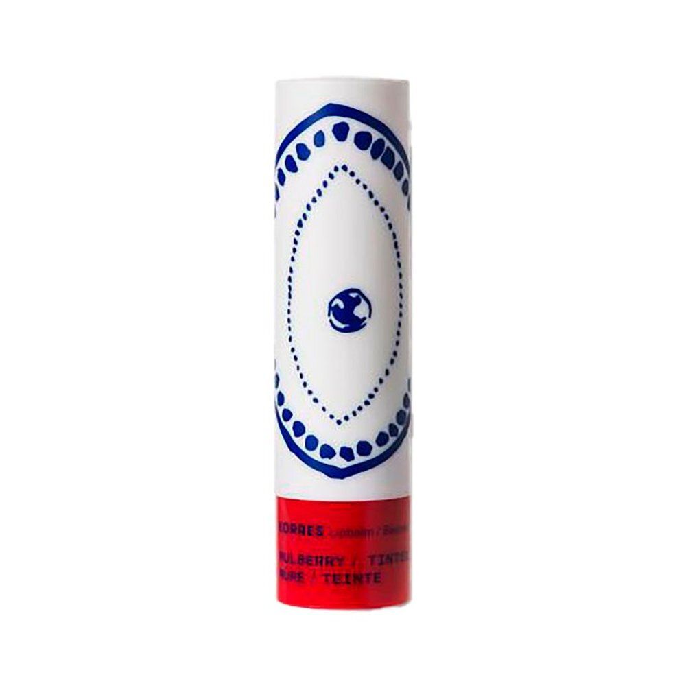 KORRES Baume à lèvres Mûre, tube blanc avec motif bleu et base rouge.