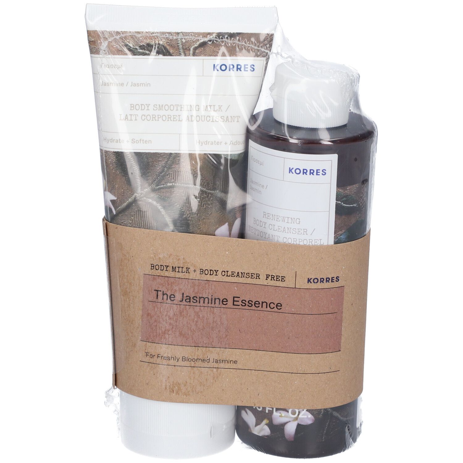 Coffret cadeau avec deux produits. Un tube et une bouteille dans un emballage en carton brun. Inscription : KORRES, The Jasmine Essence.