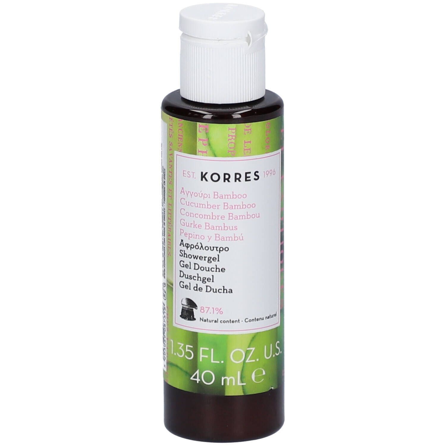KORRES Duschgel. Flasche mit weißem Deckel. Etikett mit Produktnamen und Inhaltsangaben. 40 ml.
