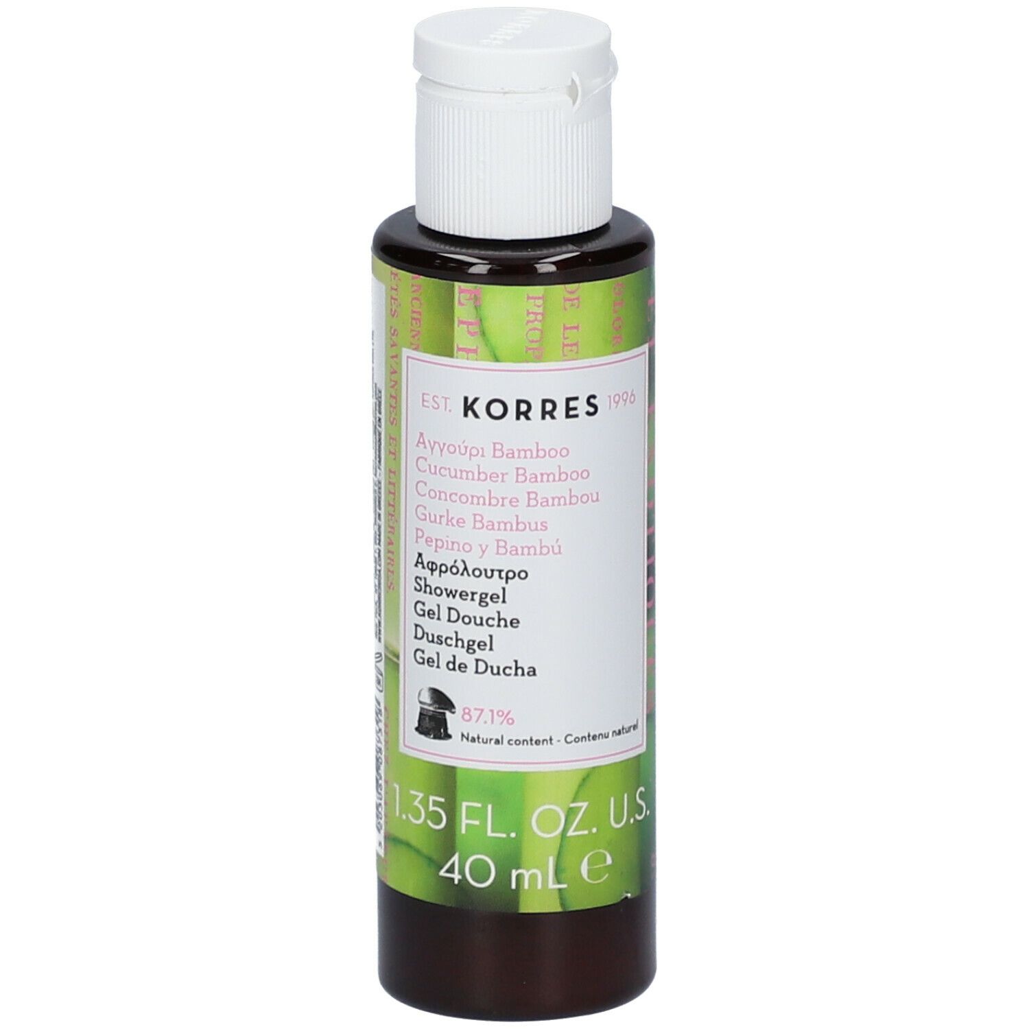 KORRES Duschgel. Rückseite der Flasche. Etikett mit Inhaltsstoffen, Barcode und Herstellerinformationen. 40 ml.