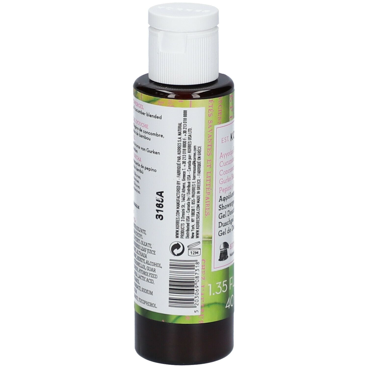KORRES Duschgel. Flasche mit weißem Deckel. Etikett mit Produktnamen und Inhaltsangaben. 40 ml.