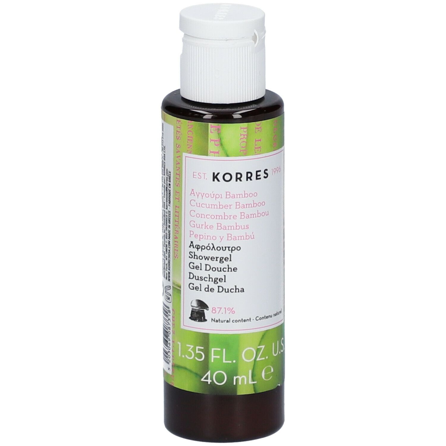 KORRES Duschgel. Flasche mit weißem Deckel. Etikett mit Produktnamen und Inhaltsangaben. 40 ml.