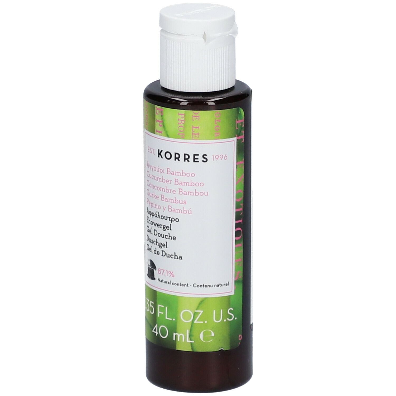 KORRES Duschgel. Flasche mit weißem Deckel. Etikett mit Produktnamen und Inhaltsangaben. 40 ml.