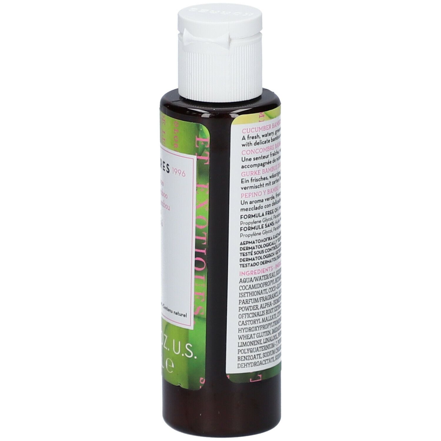 KORRES Duschgel. Rückseite der Flasche. Etikett mit Inhaltsstoffen und Text. 40 ml.