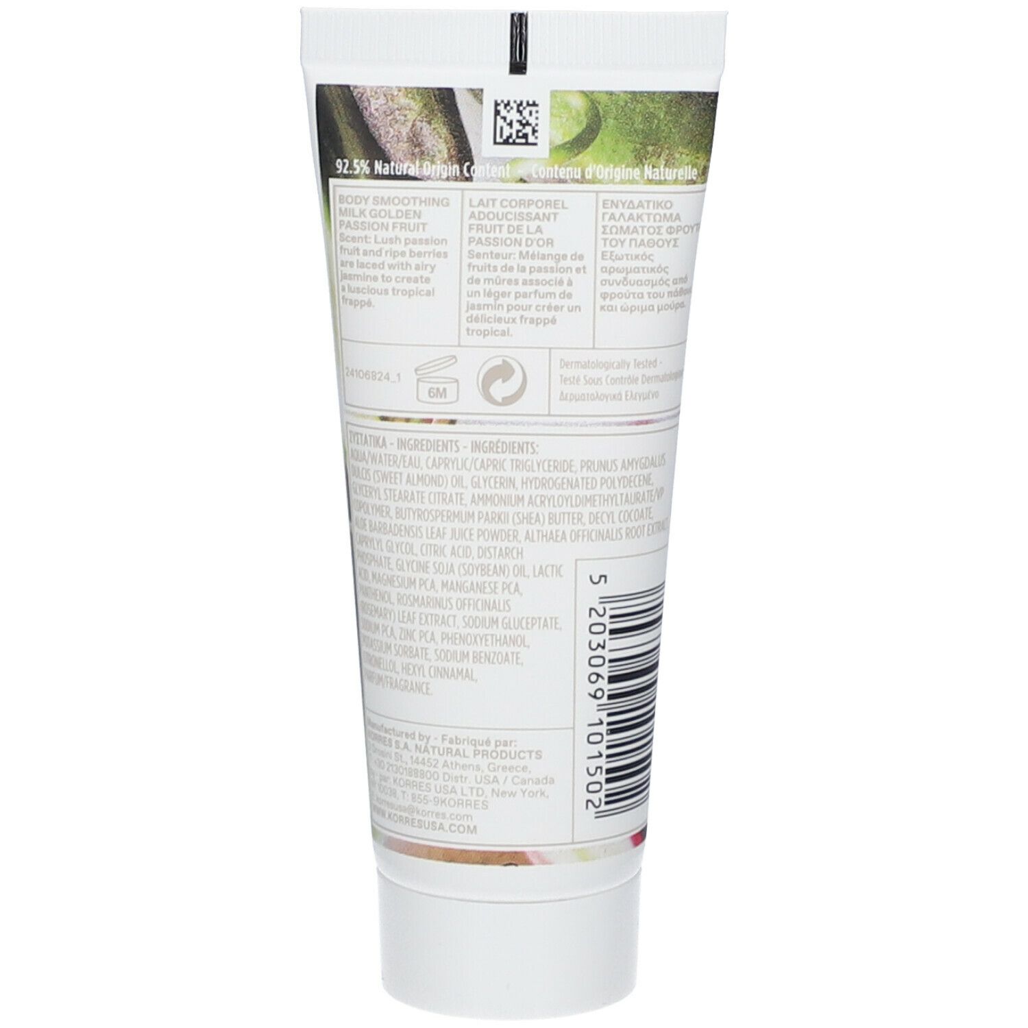 Körperlotion-Tube. Weiß, mit Text und Illustrationen. Enthält 92,3% natürliche Inhaltsstoffe. Barcode und Logo.