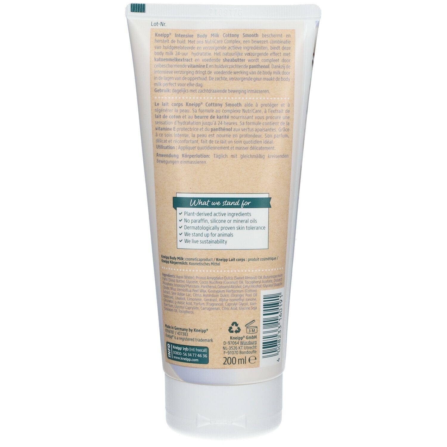 Körpermilch-Tube, Rückseite. Text in Deutsch, Englisch, Französisch und Niederländisch. "What we stand for"-Liste. 200 ml.