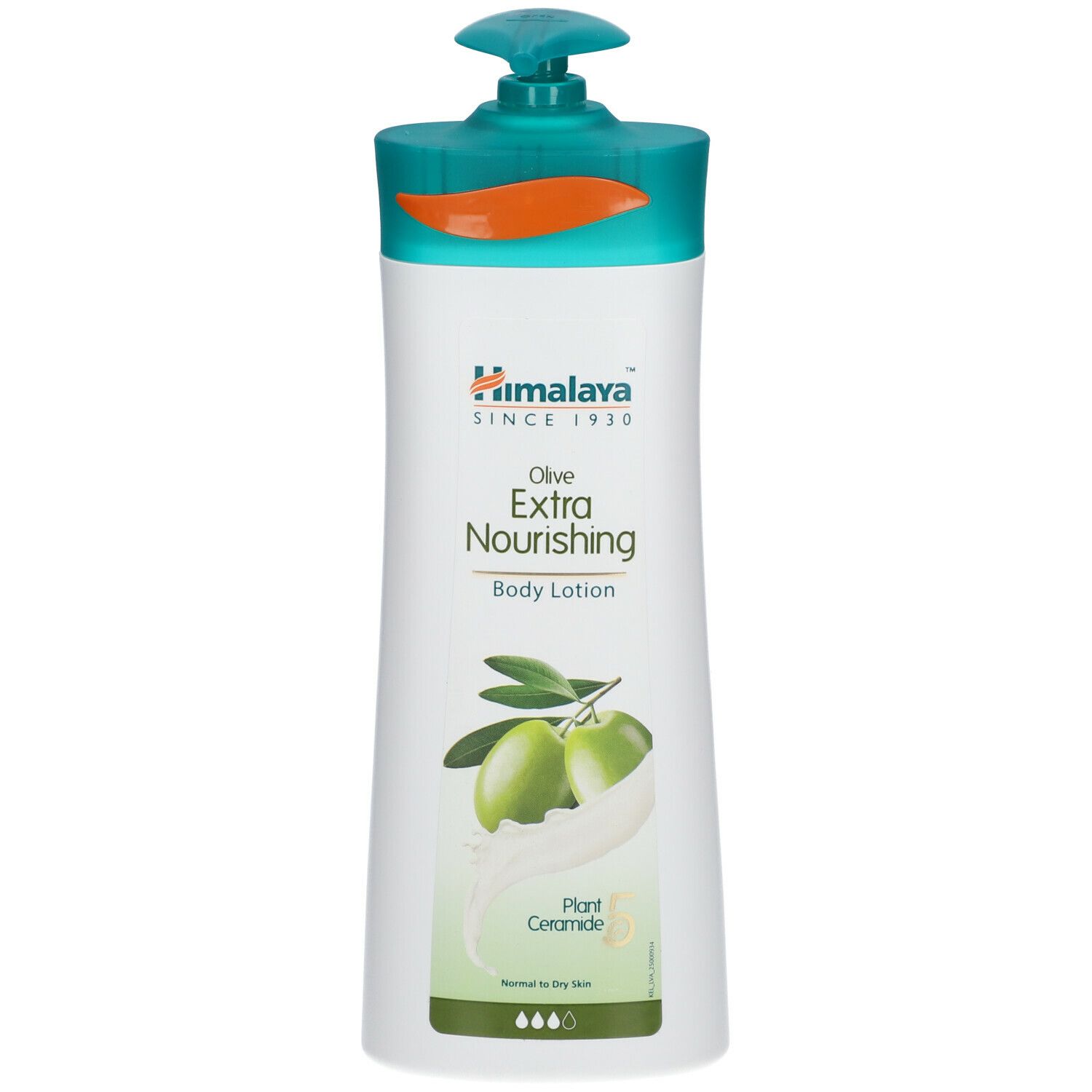 Flacon blanc et vert de lotion pour le corps Himalaya Olive Extra Nourishing. Illustration d'olives. Bouchon pompe.