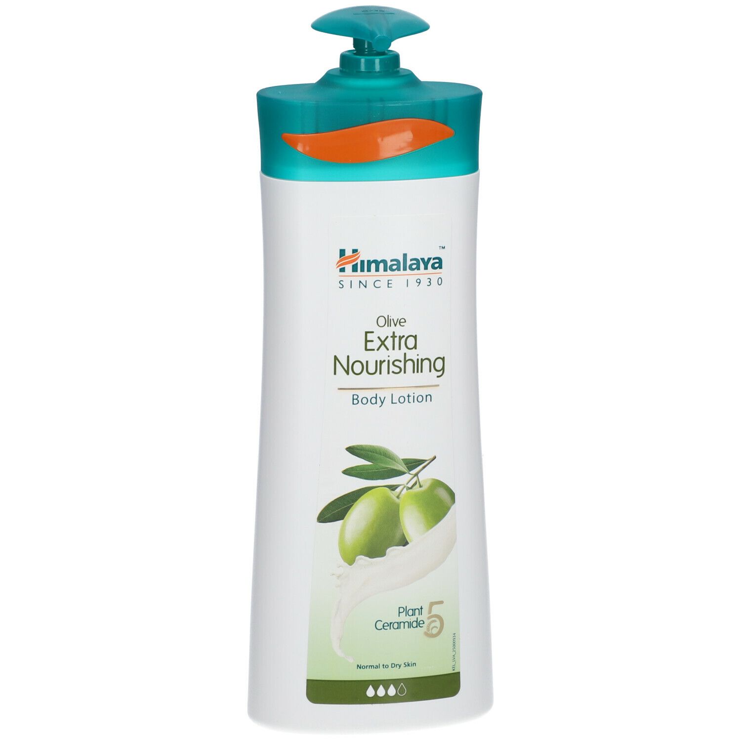 Flacon blanc et vert de lotion pour le corps Himalaya Olive Extra Nourishing. Illustration d'olives. Bouchon pompe.