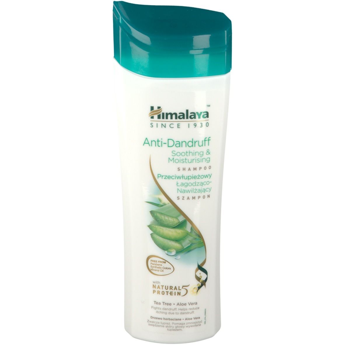 Flacon de shampooing Himalaya Anti-Pelliculaire. Blanc, bouchon vert. Inscription : Anti-Pelliculaire, apaisant & hydratant. Aloe Vera.