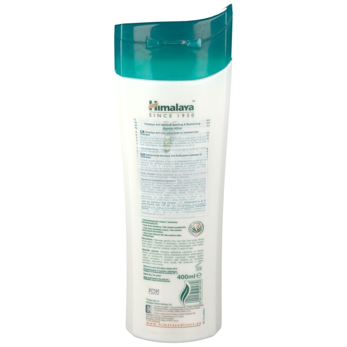 Dos du flacon de shampooing Himalaya Anti-Pelliculaire. Informations textuelles multilingues. Volume : 400ml.