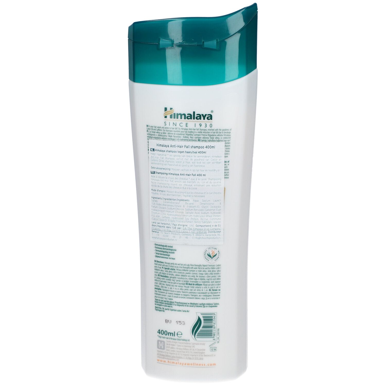 Dos du flacon de shampooing. Blanc, avec bouchon vert. Texte en plusieurs langues. 400ml.