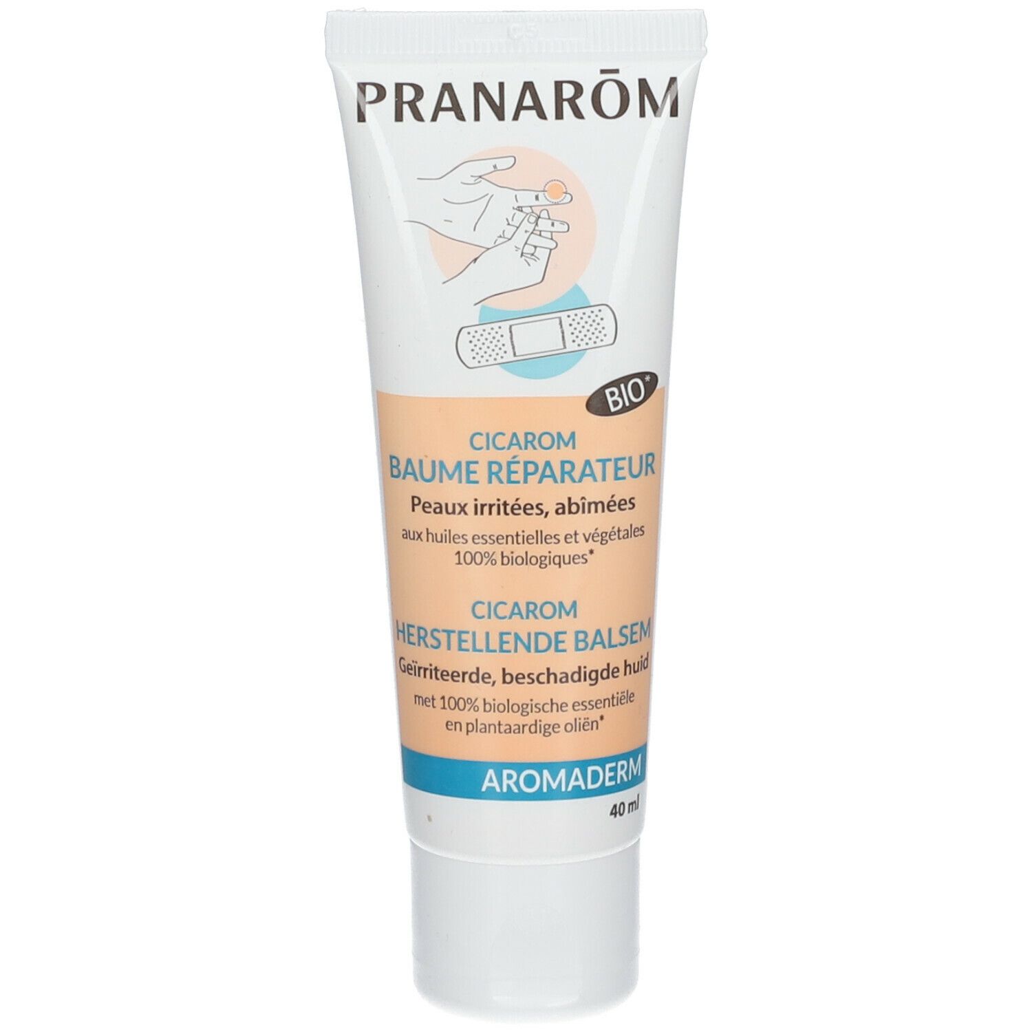 Tube de crème avec logo et nom du produit. Texte: Cicarom Baume Réparateur Bio. Illustration: main avec pansement.