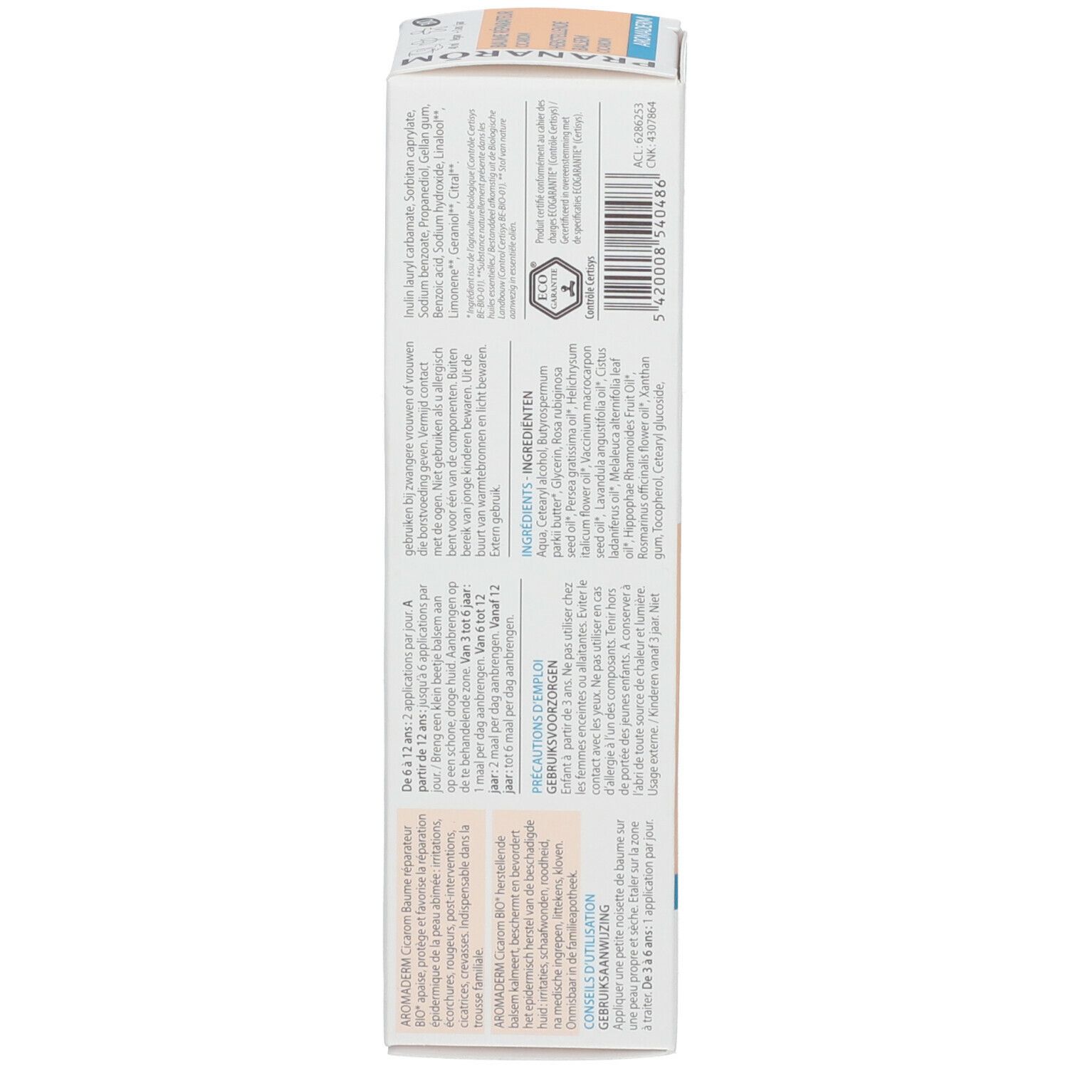 Boîte du produit, vue latérale. Texte: ingrédients, instructions d'utilisation. Fond blanc.