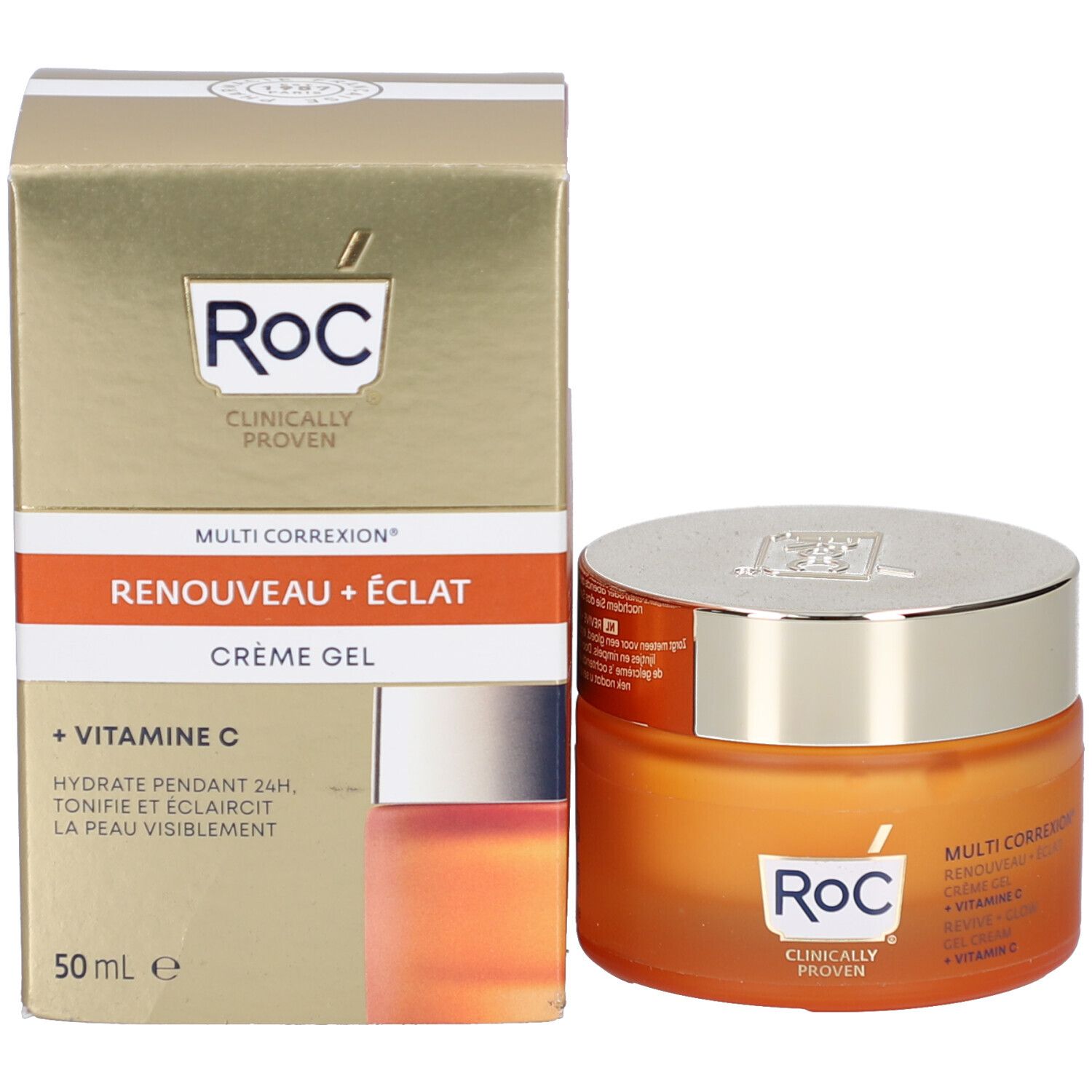 Produktverpackung und Creme-Gel-Dose. Aufschrift: RoC, Multi Correxion, Creme Gel + Vitamin C. 50 ml.